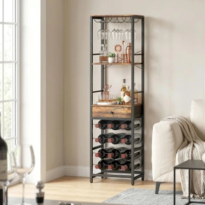 HOMCOM Mueble de Bar para Vinos con Soporte de Copas y Cajón Botellero para 12 Botellas con Estante Abierto Marrón Rústico