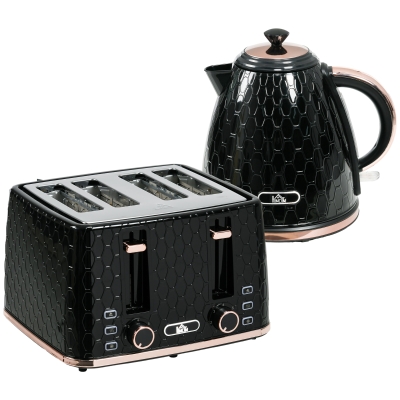 HOMCOM 1.7L 3000W Fast Boil Kettle & 4 Slice Toaster Set, Kettle and Toaster Set with 7 Browning Controls, Crumb Tray, Black