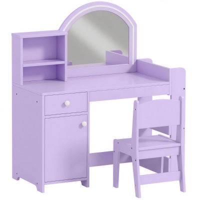 AIYAPLAY Kids Vanity Table Set LED Mirror Drawer Purple