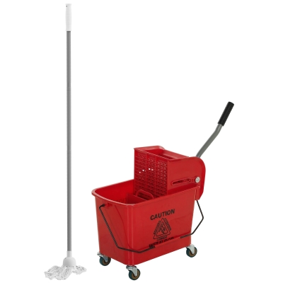 HOMCOM Cubo de Fregar con Escurridor Panel Separador y Ruedas Capacidad 20L para Limpieza Doméstica 45x26,5x70 cm Rojo