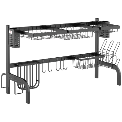 HOMCOM Abtropfgestell Geschirr, 2-stufiges Abtropfständer mit Haken, Tellerregal, Zubehör, 100 cm Stahl, Schwarz