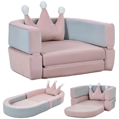 AIYAPLAY Sofá Infantil Convertible en Cama y Zona de Juego con Cojín de Corona 116x61x14 cm Rosa y Azul Grisáceo