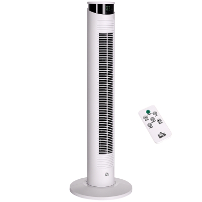 HOMCOM Ventilador de Torre Oscilante 45W con Control Remoto Temporizador de 12 h 3 Velocidades Pantalla LED Ø31,5x93 cm Blanco