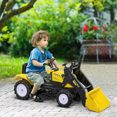 HOMCOM Tractor a Pedales para Niños a partir de 3 Años Excavadora con Pala Delantera Carga 35 kg 114x41x52 cm Amarillo