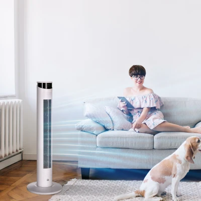 HOMCOM Ventilador de Torre Oscilante 45W con Control Remoto Temporizador de 12 h 3 Velocidades Pantalla LED Ø31,5x93 cm Blanco