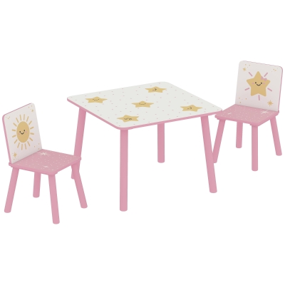 AIYAPLAY Mesa e Cadeiras para Crianças de 3 Peças Mesa Infantil com 2 Cadeiras em Madeira com Desenhos de Estrelas e Sol Rosa