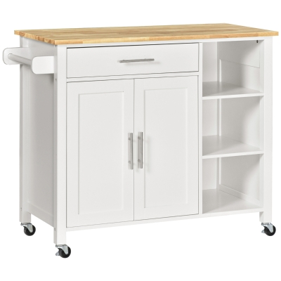 HOMCOM Isla de Cocina con Ruedas Mueble Auxiliar de Cocina con Cajón Estantes y Barra Lateral 107,5x48x89 cm Blanco