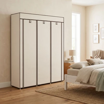 HOMCOM Armoire Penderie 8 Étagères 2 Barres Tissu Crème