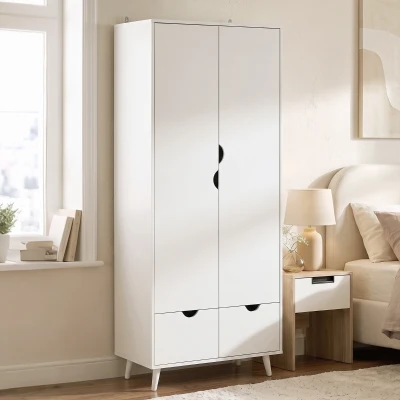 HOMCOM 2-Door Wardrobe with Drawers Wood Feet White