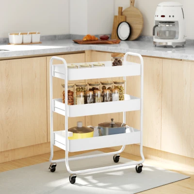 HOMCOM 3-Tier Rolling Utility Cart with Mesh Baskets White