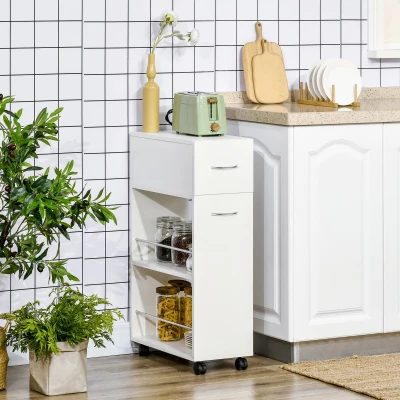 HOMCOM Carrito de Cocina Verdulero con 1 Cajón y 2 Estantes Abiertos Carro Auxiliar con Ruedas 25x50x85 cm Blanco