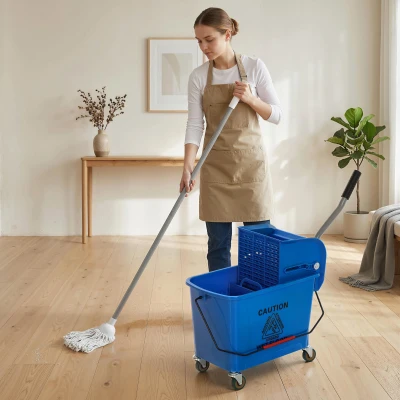 HOMCOM Cubo de Fregar con Escurridor Panel Separador y Ruedas Capacidad 20L para Limpieza Doméstica 45x26,5x70 cm Azul