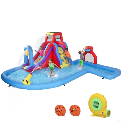 AIYAPLAY Castillo Hinchable Acuático con Soplador 550W Tobogán Pared de Escalada Piscina Aro de Baloncesto Portería de Fútbol