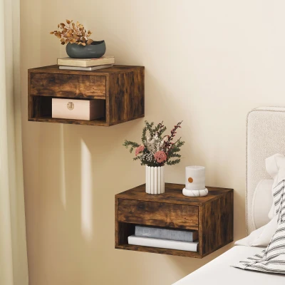 HOMCOM Wall Mounted Bedside Tables Set with Drawer Rustic Brown