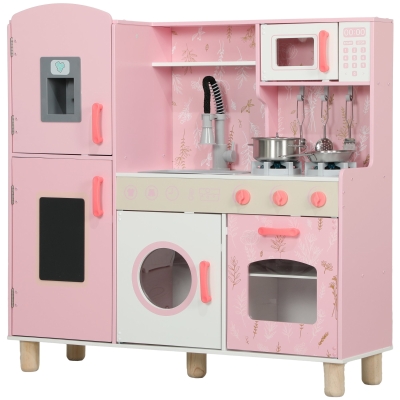 AIYAPLAY Cozinha de Madeira para Crianças com Sons Fogão Forno Micro-Ondas Máquina de Gelo e Acessórios 90x33,3x91,6 cm Rosa