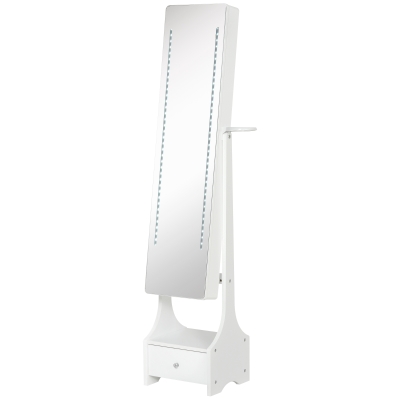 HOMCOM LED Schmuckschrank 2 in 1 Schmuckregal Spiegelschrank mit Schublade MDF Weiß 37 x 30 x 158 cm