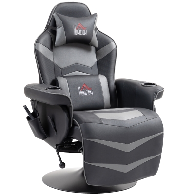 HOMCOM Gamingsessel, Massagefunktion, neigbare Lehne, Fußstütze, bis 120 kg, Stahlrahmen, Kunstleder, Grau
