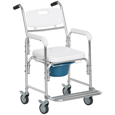 HOMCOM Sedia Comoda per Anziani 3 in 1 con Ruote e Secchio Bianco
