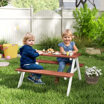 Outsunny Conjunto de Mesa e 2 Bancos Infantil de Madeira Mesa de Piquenique para Crianças de 3-8 Anos 89x79x50 cm Marrom e Branco