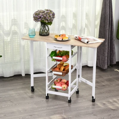HOMCOM Carrito Auxiliar Plegable Carrito de Cocina con 6 Ruedas 1 Cajón y 3 Cesta de Metal 97,2x37x77,5 cm Blanco y Roble