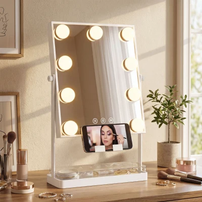 HOMCOM Hollywood Espejo de Maquillaje con Luz 9 Bombillas LED 3 Colores Interruptor Táctil Soporte para Teléfono Blanco