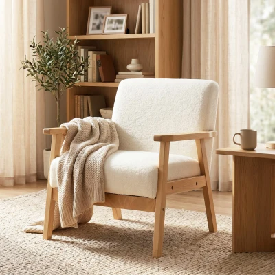 HOMCOM Modern Armchair Sherpa Upholstered Wood Legs Cream White