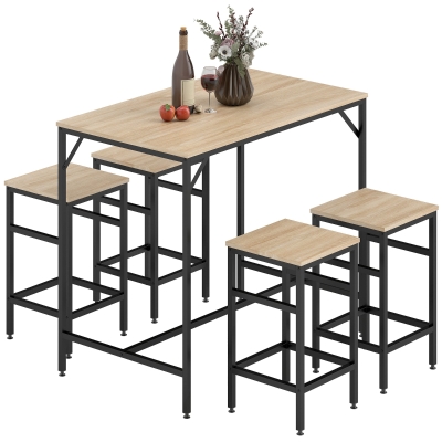 HOMCOM Conjunto de Mesa de Bar com 4 Bancos com Apoio para os Pés Conjunto de Móveis de 5 Peças Mesa de 100x60x88cm e Bancos de 32x32x57cm para Sala de Jantar Cozinha Preto e Carvalho