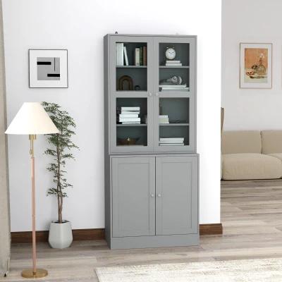 HOMCOM Bibliothèque 6 Niveaux Blanc avec Portes Verre Trempé
