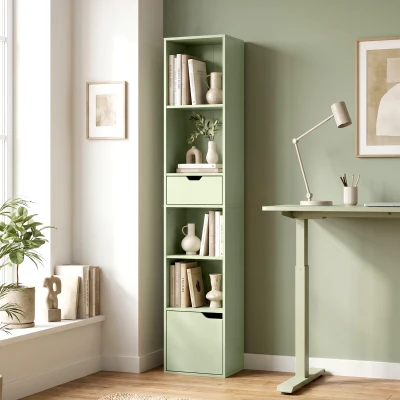 HOMCOM 6-Tier Bookcase Drawer Door Tall Narrow Green