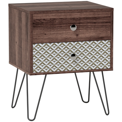 HOMCOM Mesita de Noche con 2 Cajones Patas de Acero Estilo Bohemio para Dormitorio Salón 45x39x55,5 cm Marrón