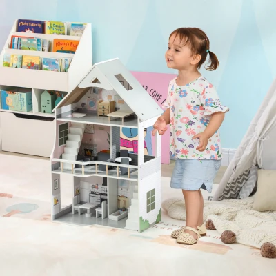AIYAPLAY Puppenhaus aus Holz mit 13 Möbelstücken und Zubehör, 3-stöckiges Spielhaus für Kinder im Alter von 3-6 Jahren