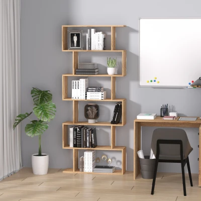 HOMCOM Wooden S Shape Storage Unit 6 Shelves Oak