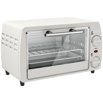 HOMCOM Mini-Ofen Toasterofen, 1 Backblech, 1 Grilrost, 10 L Kapazität, Timer-Funktion, 36,5 cm x 26 cm x 22 cm, Cremeweiß