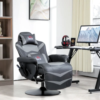 HOMCOM Gamingsessel, Massagefunktion, neigbare Lehne, Fußstütze, bis 120 kg, Stahlrahmen, Kunstleder, Grau