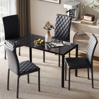 HOMCOM Dining Table Set Glass Top Faux Leather Chairs Black