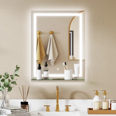 kleankin Espelho de Casa de Banho com Luzes LED 60x80 cm 3 Cores de Luz Brilho Ajustável Prateleira de Vidro Função de Memória Prata