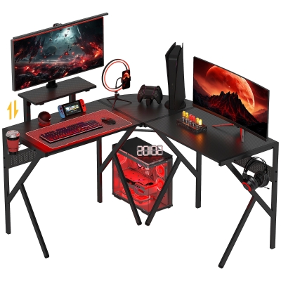 HOMCOM Bureau Gamer d'Angle Noir avec Support