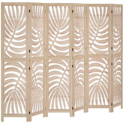 HOMCOM Paravent Bois 6 Panneaux 240x170cm Pliable Motif Feuille