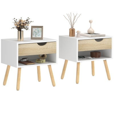 HOMCOM Set de 2 Mesitas de Noche Mesa Auxiliar Mesillas de Noche con Cajón y Estante de Almacenamiento para Dormitorio Salón Cama Oficina Estilo Moderno 50x39x51 cm Blanco y Roble