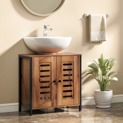 HOMCOM Mueble Bajo Lavabo Industrial 2 Puertas de Lamas con Cierre Magnético Estante Ajustable 60x30x60 cm Marrón Rústico