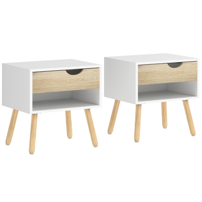 HOMCOM Set of 2 Bedside Tables with Drawer and Shelf, Modern Nightstand, End Table for Bedroom, Living Room