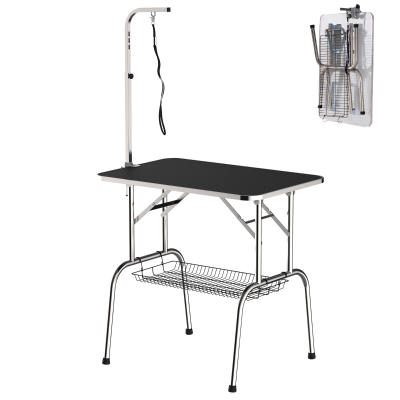 PawHut Trimmtisch für Hunde Hundepflegetisch klappbar, Haustierpflegetisch mit höhenverstellbarem Galgen, Schlingen, Netzkorb, Schertisch bis 150 kg, 90 x 60 x 75 cm, Schwarz