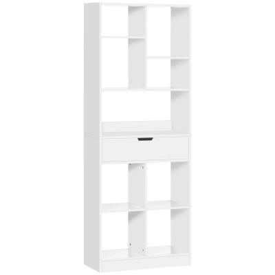 HOMCOM Estantería de Madera con 1 Cajón y 9 Compartimentos Mueble Librería para Salón Oficina Estudio 60x26x158cm Blanco