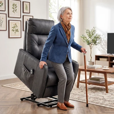 HOMCOM Sillón Relax Reclinable Eléctrico Levanta Personas de Cuero PU Control Remoto Asiento con Resorte Reposapiés Gris