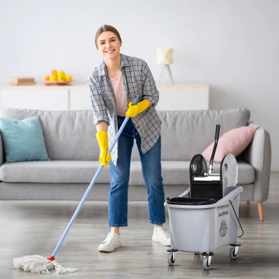 HOMCOM Balde de Esfregona Comercial com Espremedor de Pressão para Baixo Capacidade 36L com 4 Rodas 2 Cubetas 54x41x91,5 cm Cinza