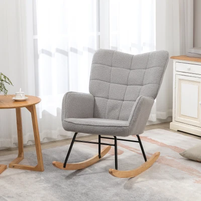 HOMCOM Accent Rocking Chair, Berber Fleece Glider Rocker, Modern Armchair, Wingback Chair for Living Room and Bedroom, Grey