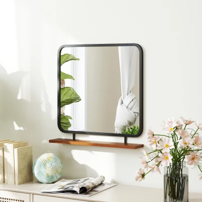 HOMCOM Wandspiegel met Plank in Vintage Ontwerp, Metalen Frame, Paulownia Hout, 55 x 55,5 cm, Zwart/Hout
