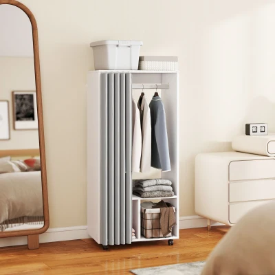 HOMCOM Armario Ropero con Ruedas Cortina Barra para Colgar 2 Compartimentos para Dormitorio 60x40x128 cm Blanco