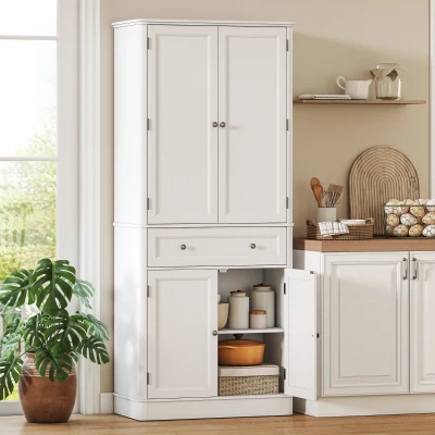 HOMCOM Küchenschrank mit 4 Türen, Schublade und verstellbaren Einlegeböden für Küche, 80 x 39,5 x 186,4 cm Weiß