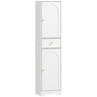 HOMCOM Coluna Casa de Banho com 2 Portas Arqueadas Gaveta e Prateleiras Ajustáveis Armário Alto Casa de Banho 40x29,5x170 cm Branco com Veios
